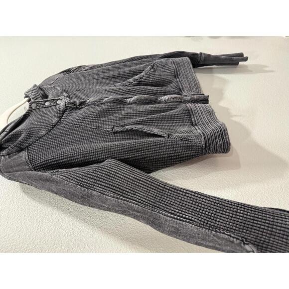 Free People Women's Mason Hoodie in Acid Wash Black,Waffle Knit Zip-Up Hoodie - Picture 4 of 8